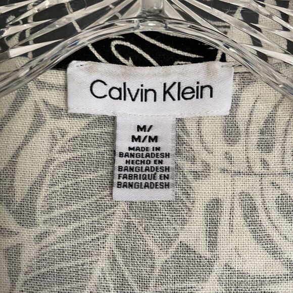 Calvin Klein Linen Tunic Shirt M Floral Black White Button Up Vacation Coastal - Picture 7 of 9
